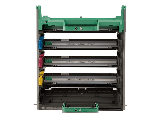 Brother DR110CL drum unit with four color toner cartridges in cyan, magenta, yellow, and black