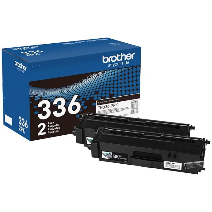 Brother TN336 2-pack high-yield black toner cartridges with packaging