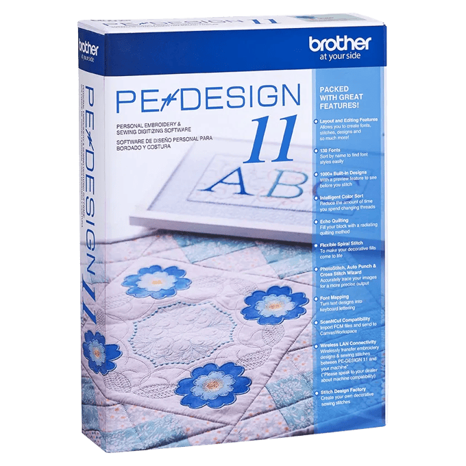 Brother PE-Design 11 embroidery software box with built-in designs and editing features