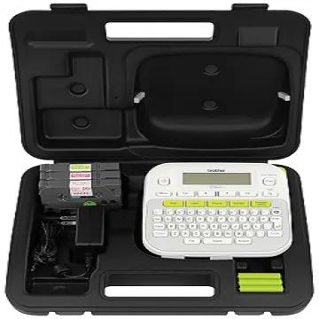 Brother PT-D210 portable label maker with tape cartridges and power adapter in carrying case