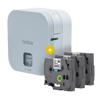 Brother PT-P300BT compact label maker with three laminated tape cartridges
