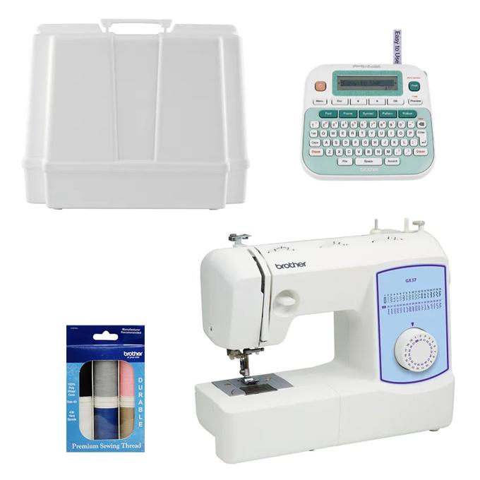 Brother GX37 sewing machine bundle with carrying case, label maker, and thread set