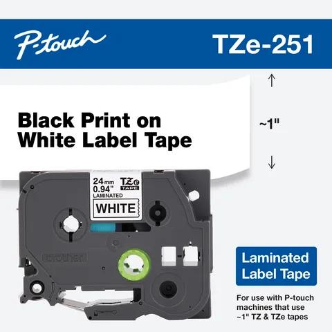 Cartucho de cinta laminada Brother TZe-251 con texto negro sobre blanco, ancho de 1 pulgada