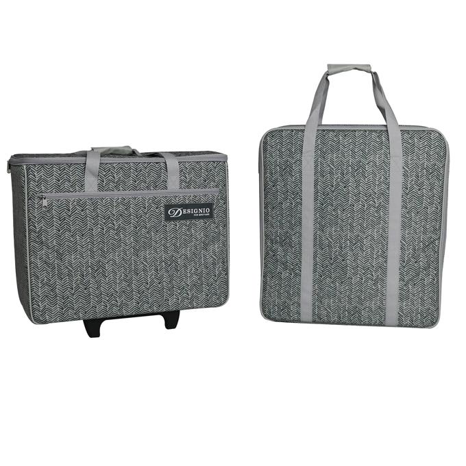 Brother Designio gray herringbone rolling tote and matching carry bag for crafting supplies