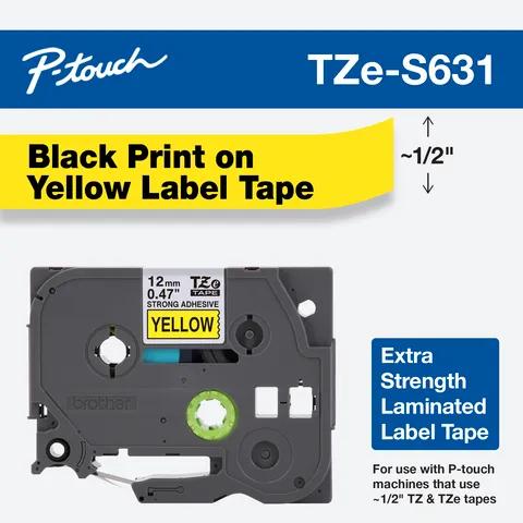 Cinta de etiquetas laminada extra resistente Brother TZe-S631 con impresión negra sobre amarillo