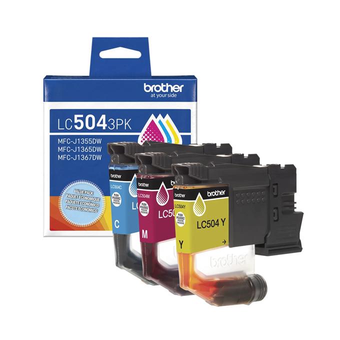 Brother LC504 3-pack color ink cartridges in cyan, magenta, and yellow with packaging