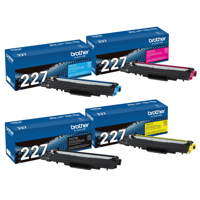 Brother TN227 toner cartridge bundle in cyan, magenta, yellow, and black with packaging