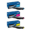 Brother TN227 color toner cartridges in cyan, magenta, and yellow with packaging