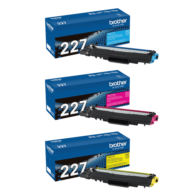 Brother TN227 color toner cartridges in cyan, magenta, and yellow with packaging