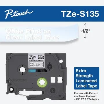 Cinta de etiquetas laminada extra resistente Brother TZe-S135, blanco sobre transparente, 1/2 pulgada