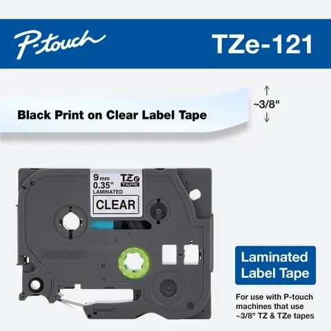 Brother TZe-121 laminated label tape cartridge with black print on clear background, 3/8-inch width