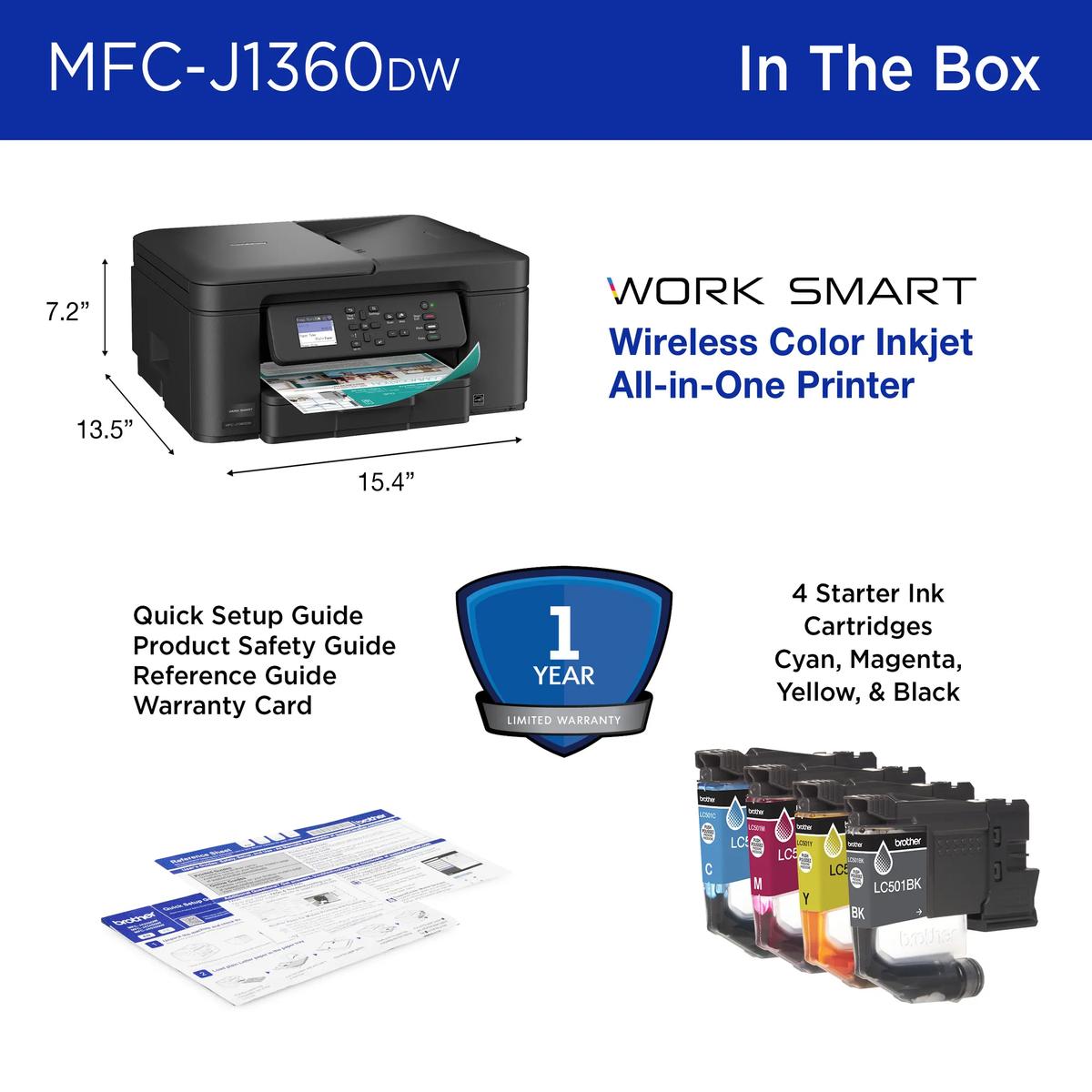 In the box: MFC-J1360DW printer, quick setup guide, product safety guide, reference guide, warranty card and four starter ink cartridges