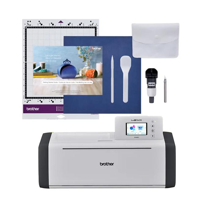 Brother ScanNCut SDX85 cutting machine with touchscreen, cutting mat, tools, and starter guide