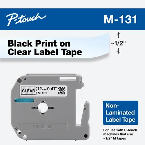 Brother P-touch M-131 non-laminated label tape cartridge with black text on clear background