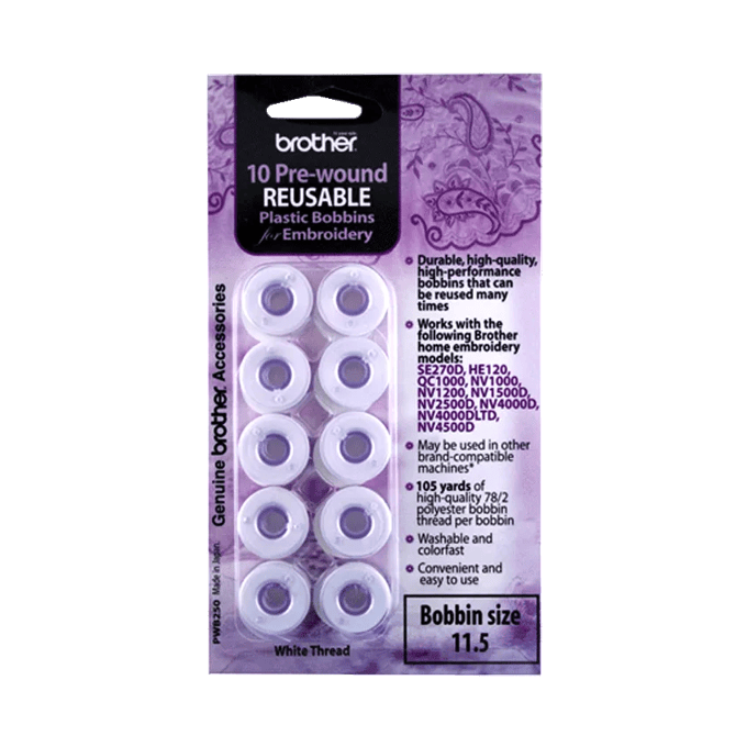 Brother 10 pre-wound reusable plastic bobbins for embroidery machines with white thread