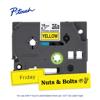 Brother P-touch TZe label tape cartridge with yellow labels reading Friday and Nuts & Bolts