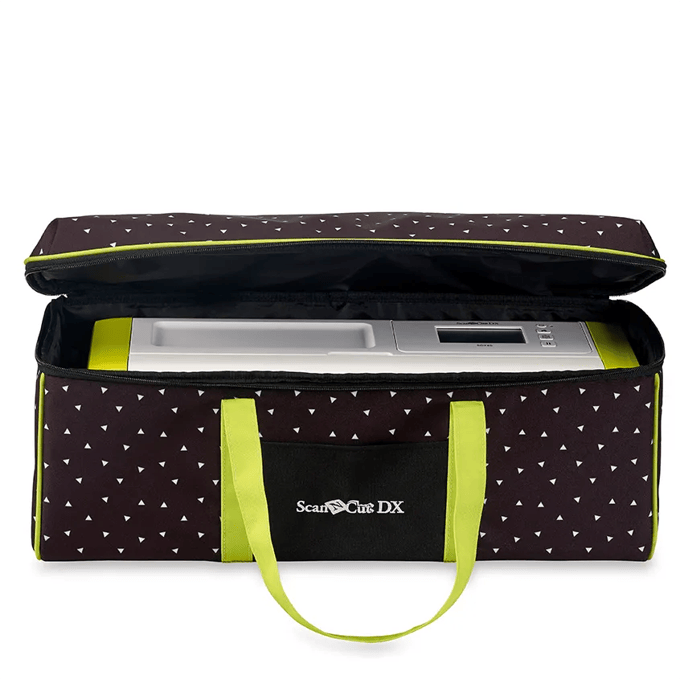 Brother ScanNCut DX cutting machine in patterned carrying tote with lime green handles