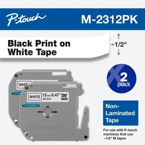 Brother M-2312PK non-laminated tape, 2-pack, black print on white, 1/2 inch