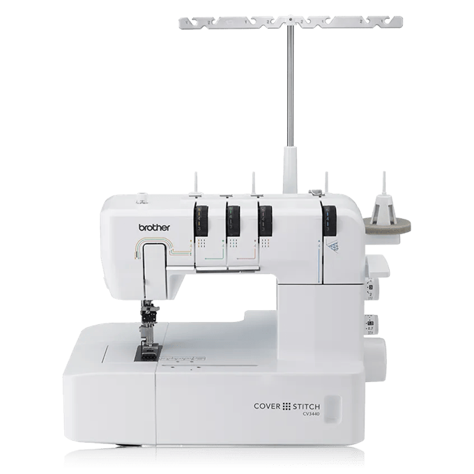 Brother CV3440 cover stitch machine with four-thread capability and white finish