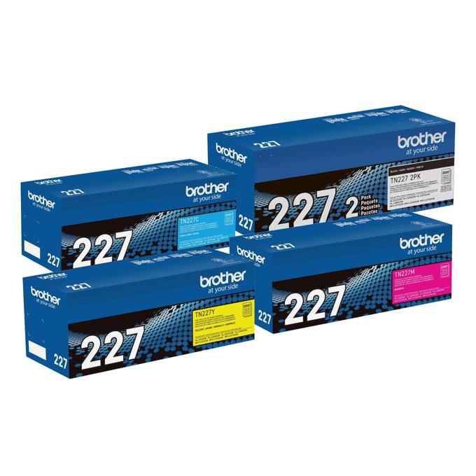 Brother TN227 5-pack toner cartridges in cyan, magenta, yellow, and black colors
