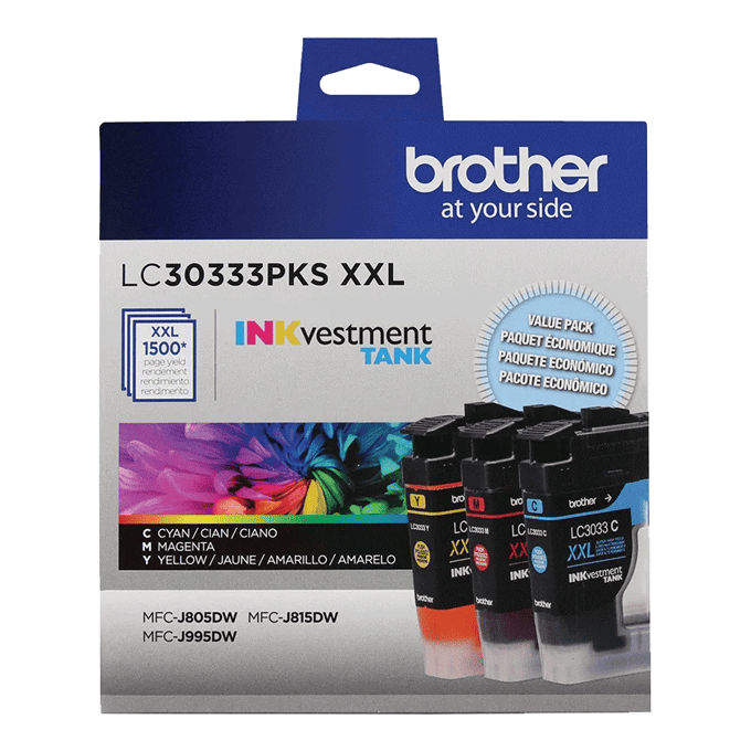 Brother LC30333PKS XXL high-yield ink cartridge 3-pack in cyan, magenta, and yellow