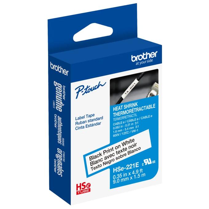Brother HSe-221E P-touch heat-shrink tube label tape, black on white, 0.35 inch