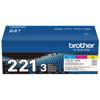 Brother TN221 3-pack toner cartridge box in cyan, magenta, and yellow colors