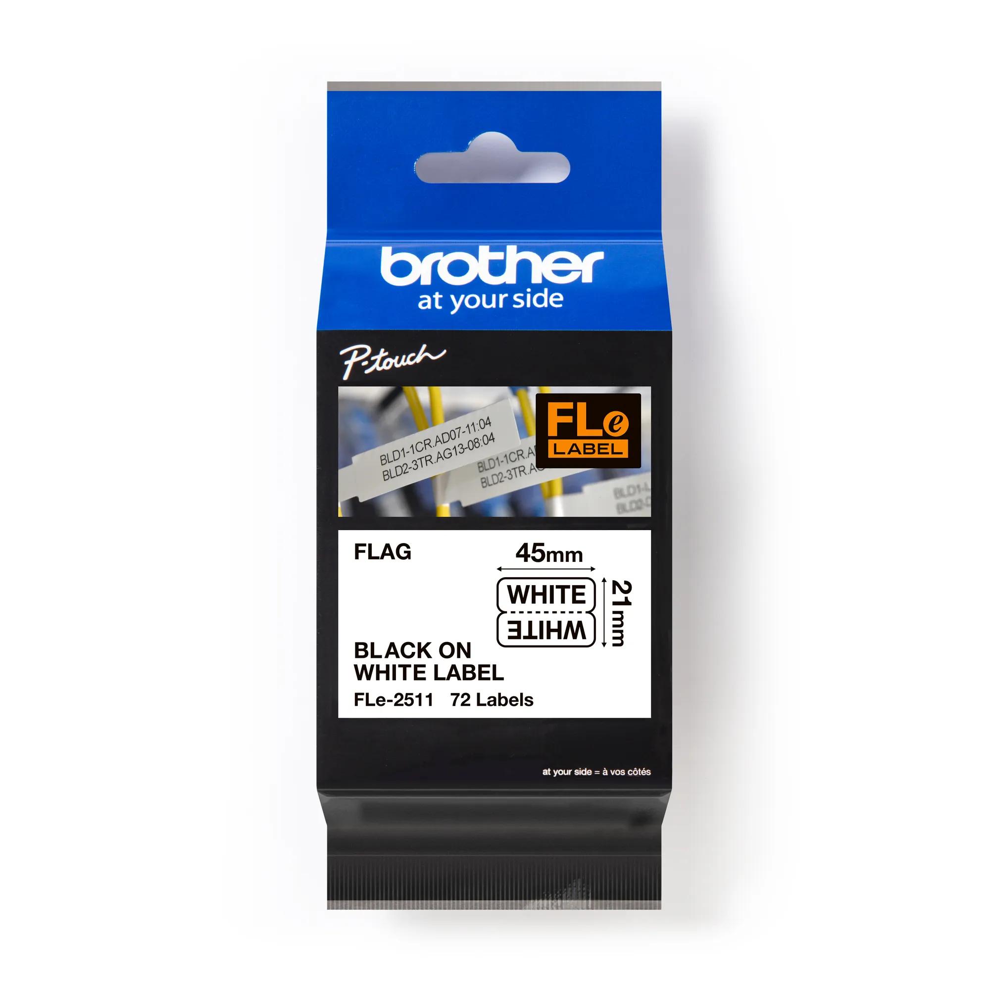 Brother P-touch FLe-2511 flag label tape, 45mm, black on white, 72 labels