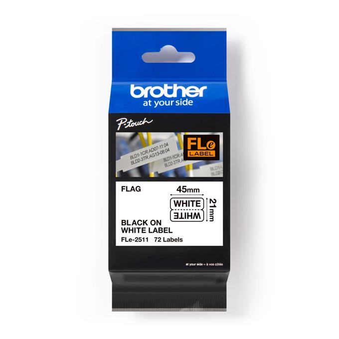 Brother P-touch FLe-2511 flag label tape, 45mm, black on white, 72 labels