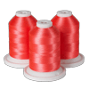Three spools of red Brother embroidery thread on white bases