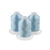 Three sky blue embroidery thread spools on white bases