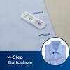 Brother buttonhole foot with 4-step guide on blue fabric next to dress shirt