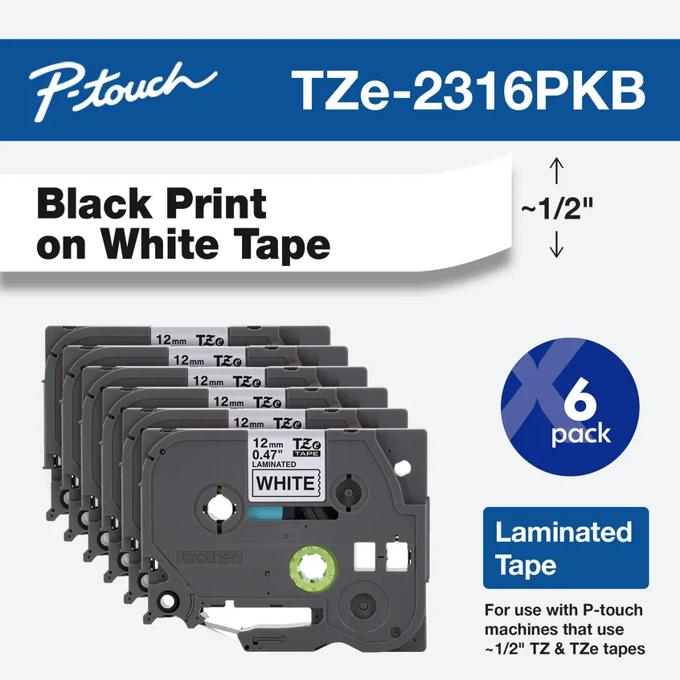 Brother TZe-2316PKB laminated tape 6-pack with black print on white, 1/2 inch width