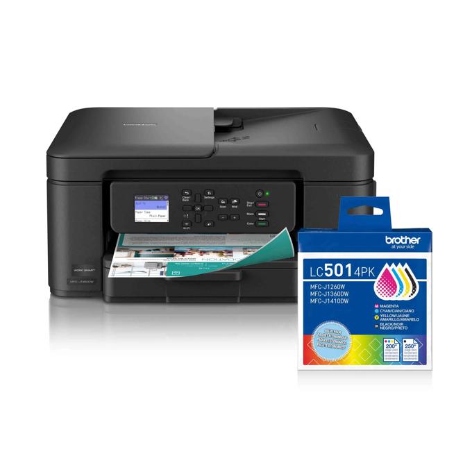 Brother MFC-J1360DW wireless all-in-one inkjet printer with LC5014PK ink cartridge bundle