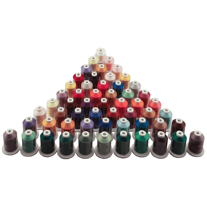 Brother embroidery thread spools arranged in pyramid formation with vibrant multicolor options