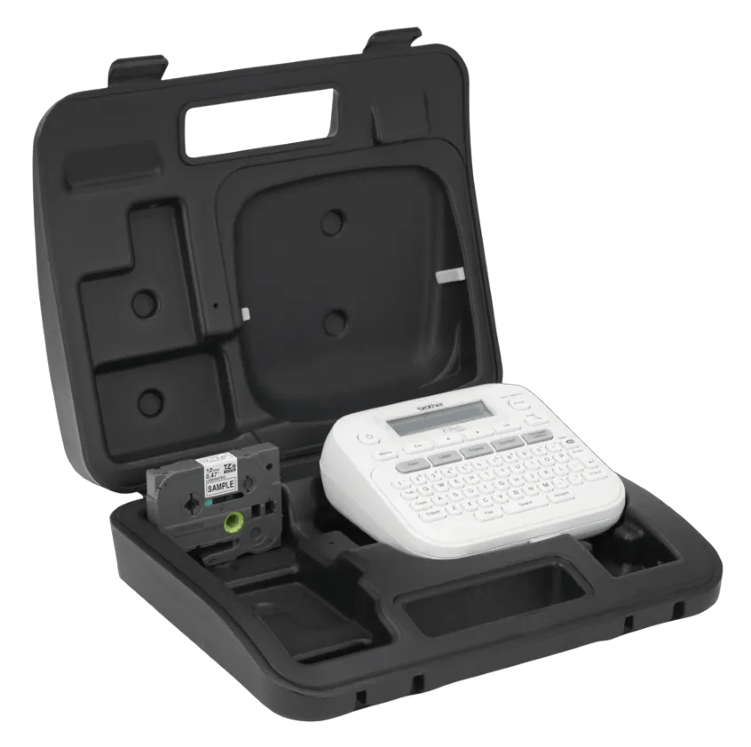 Brother PT-D220 portable label maker with tape cartridge in hard-shell carrying case