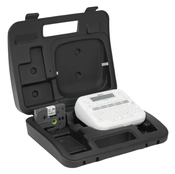 Brother PT-D220 portable label maker with tape cartridge in hard-shell carrying case