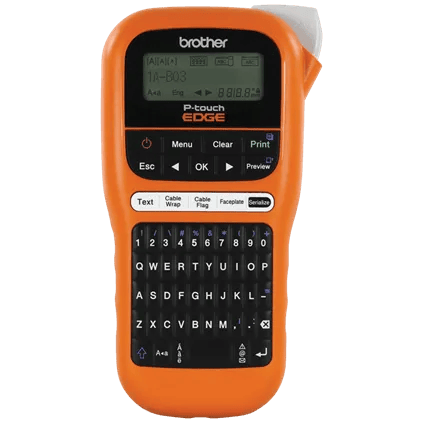 Brother P-touch EDGE label maker with orange casing and QWERTY keyboard