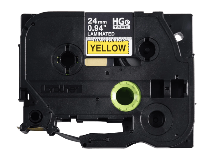 Brother HGe-651 24mm laminated tape cartridge with yellow label on black background