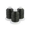 Three spools of olive drab embroidery thread on white bases