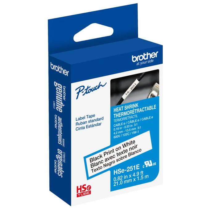 Brother P-touch HSe-251E heat-shrink tube label tape, black on white, 21mm