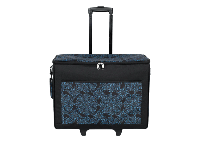 Brother rolling tote bag with blue floral pattern and telescoping handle