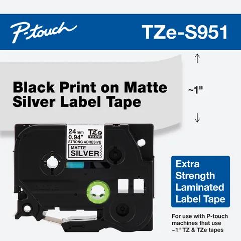 Cinta de etiquetas laminada Brother TZe-S951 negro sobre plata mate 1 pulgada extra fuerte