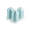 Three light blue embroidery thread spools on white bases