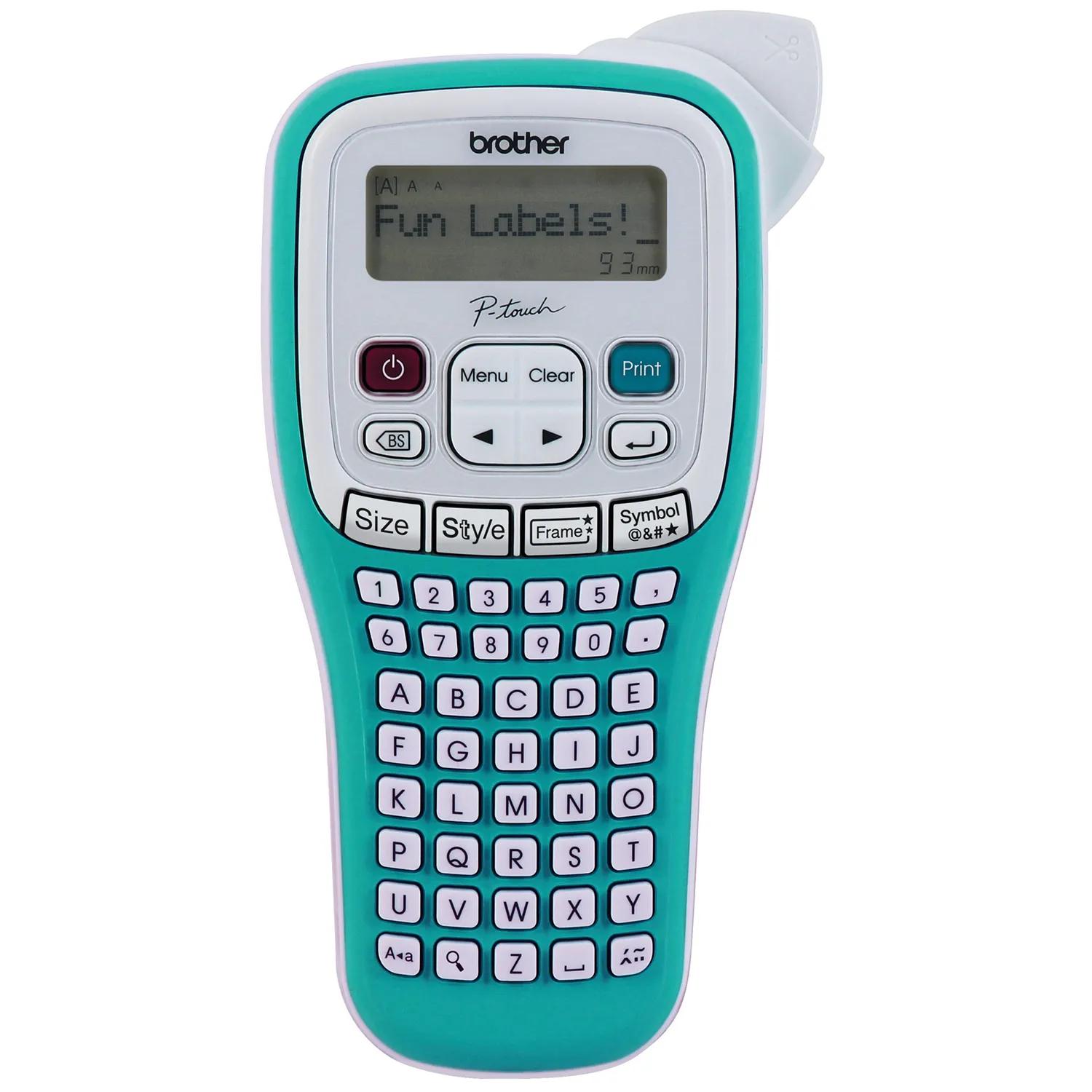 Brother P-touch handheld label maker in teal with QWERTY keyboard and LCD display