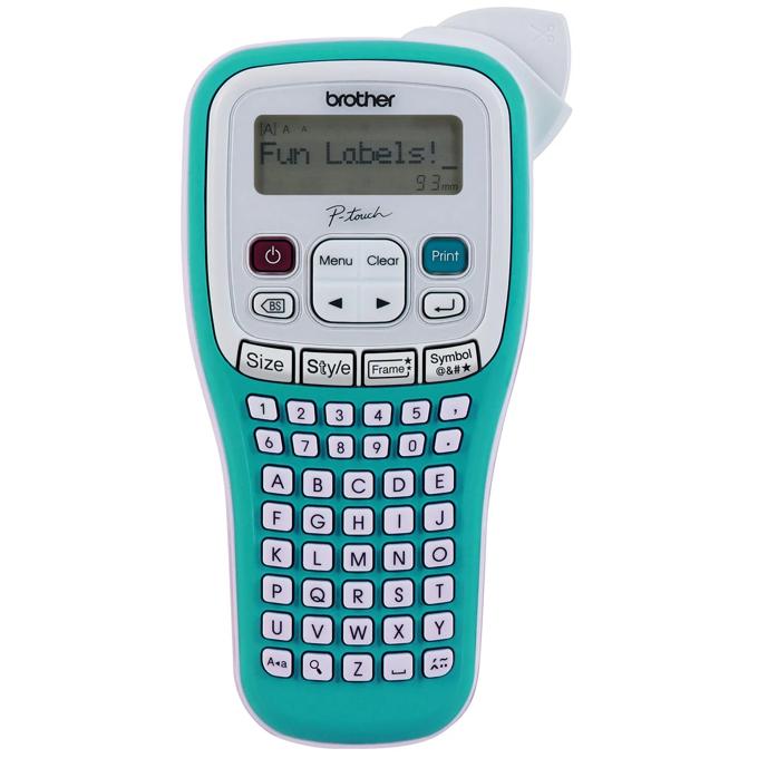Brother P-touch handheld label maker in teal with QWERTY keyboard and LCD display