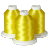 Three spools of bright yellow Brother embroidery thread on white bases