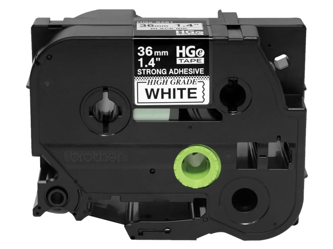 Brother HGe 36mm black-on-white label tape cartridge with strong adhesive