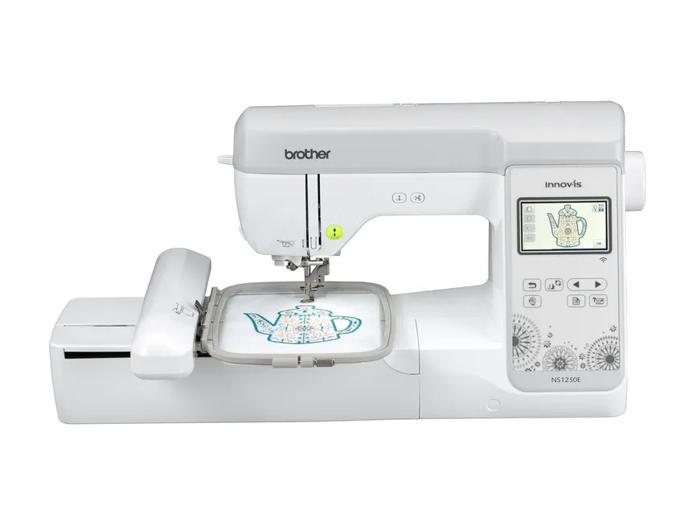 Brother NS1250E sewing and embroidery machine with touchscreen and teapot design in hoop