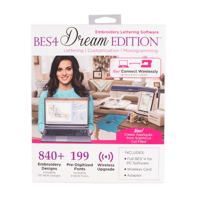 Brother BES4 Dream Edition embroidery software package with wireless connectivity and lettering tools